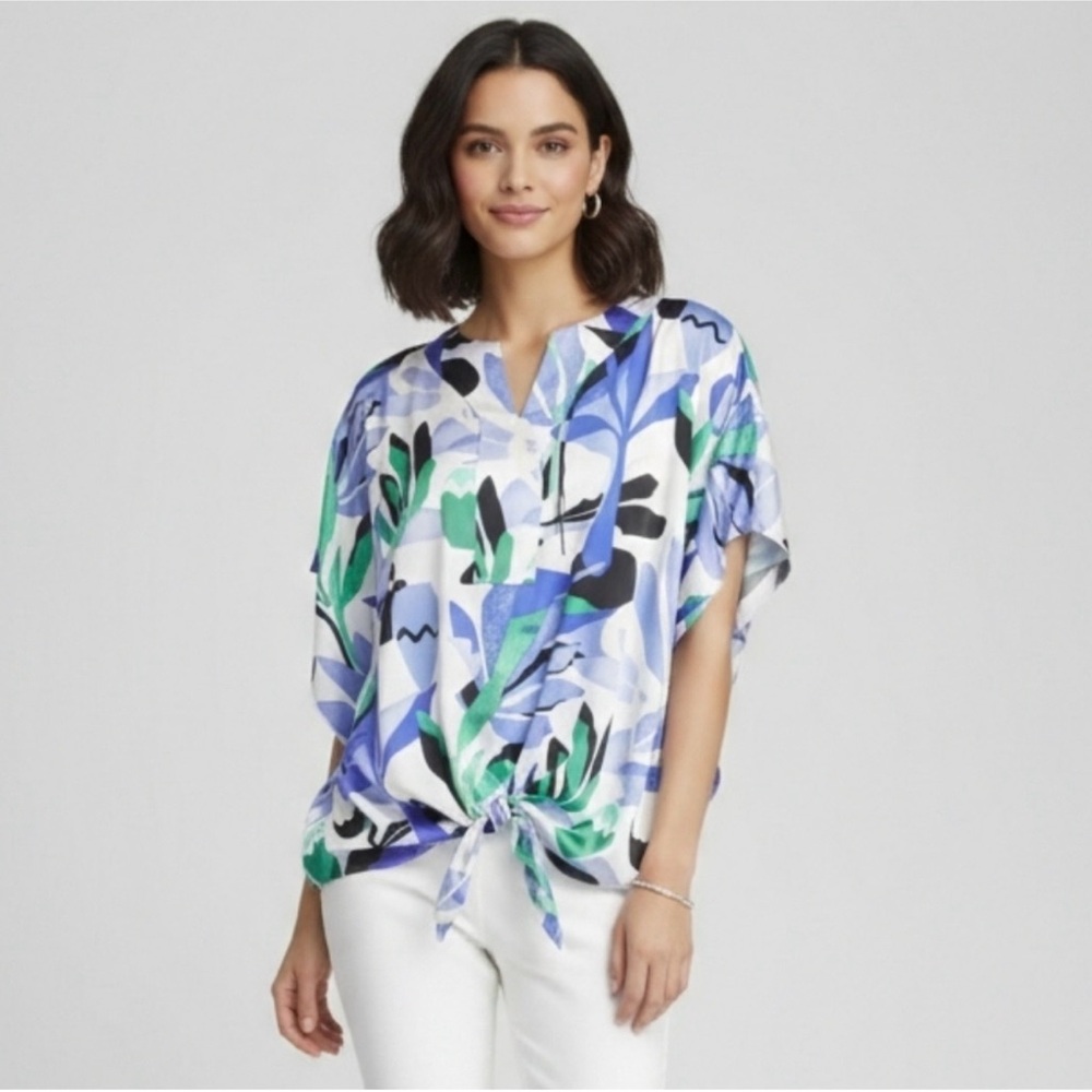 EUC Chico's Blue Green Black Cream Abstract Tie-Front Blouse